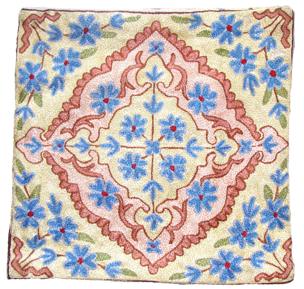Chain Stitch Cushion Covers Handmade Kashmir Crewel Artsilk Hand Embroidered Crocheted Multi-Color Floral Design Set of 6 pieces