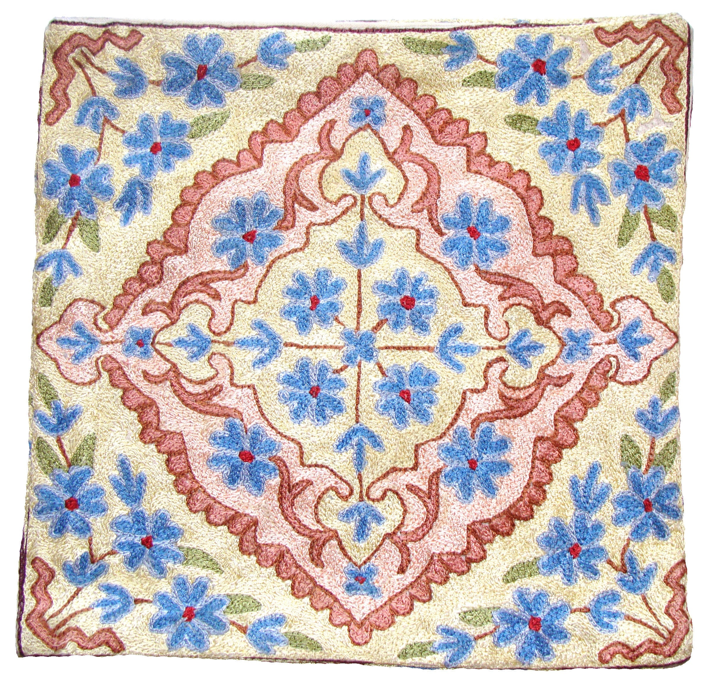 Chain Stitch Cushion Covers Handmade Kashmir Crewel Artsilk Hand Embroidered Crocheted Multi-Color Floral Design Set of 6 pieces