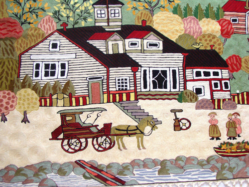Chain Stitch Rug Carpet Hand Made Kashmir Crewel Wool Embroidered Wall Hanging Village Design Area Rug Multi-Color 4 x 6 Feet Canvas Lined