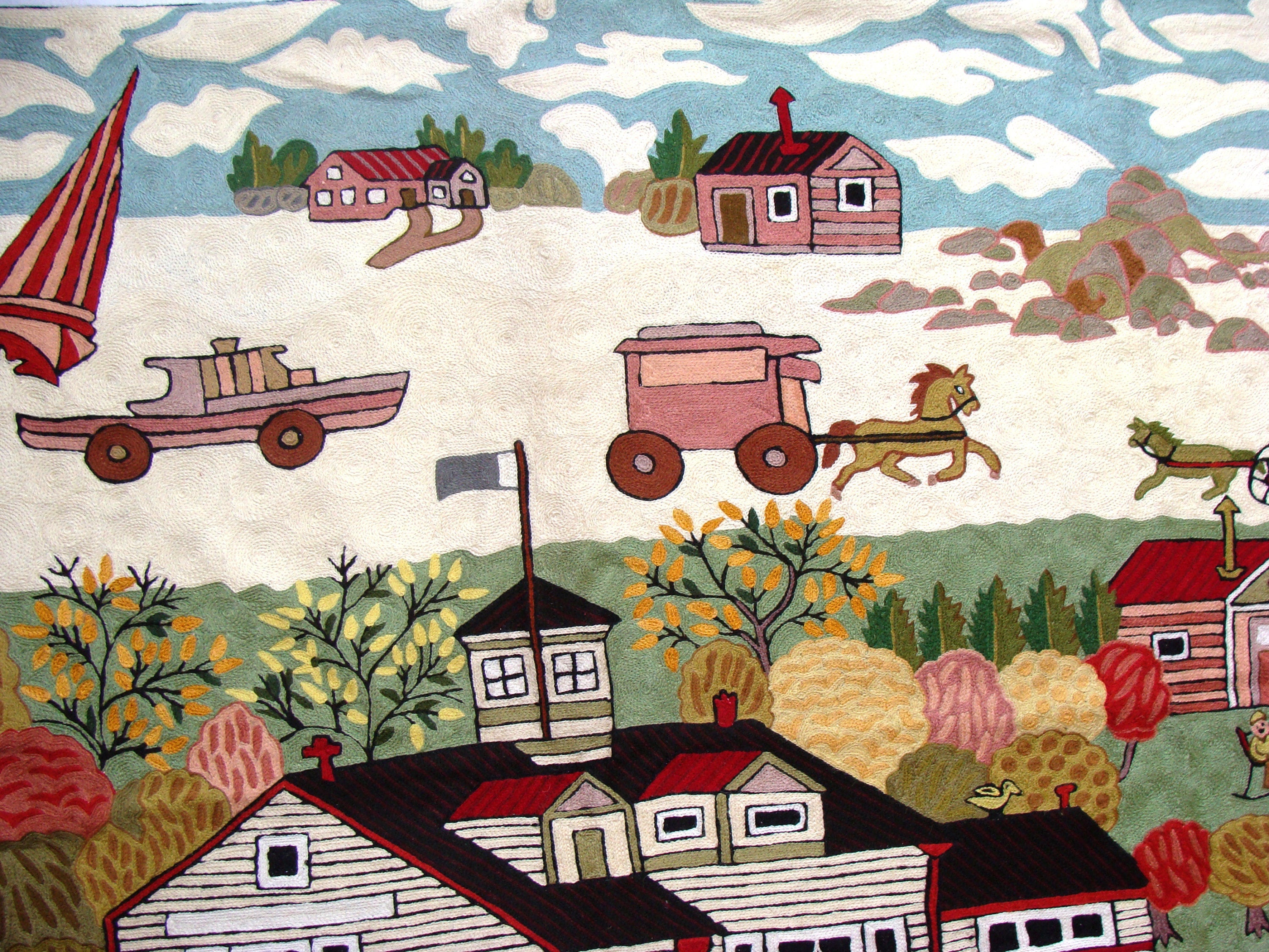 Chain Stitch Rug Carpet Hand Made Kashmir Crewel Wool Embroidered Wall Hanging Village Design Area Rug Multi-Color 4 x 6 Feet Canvas Lined