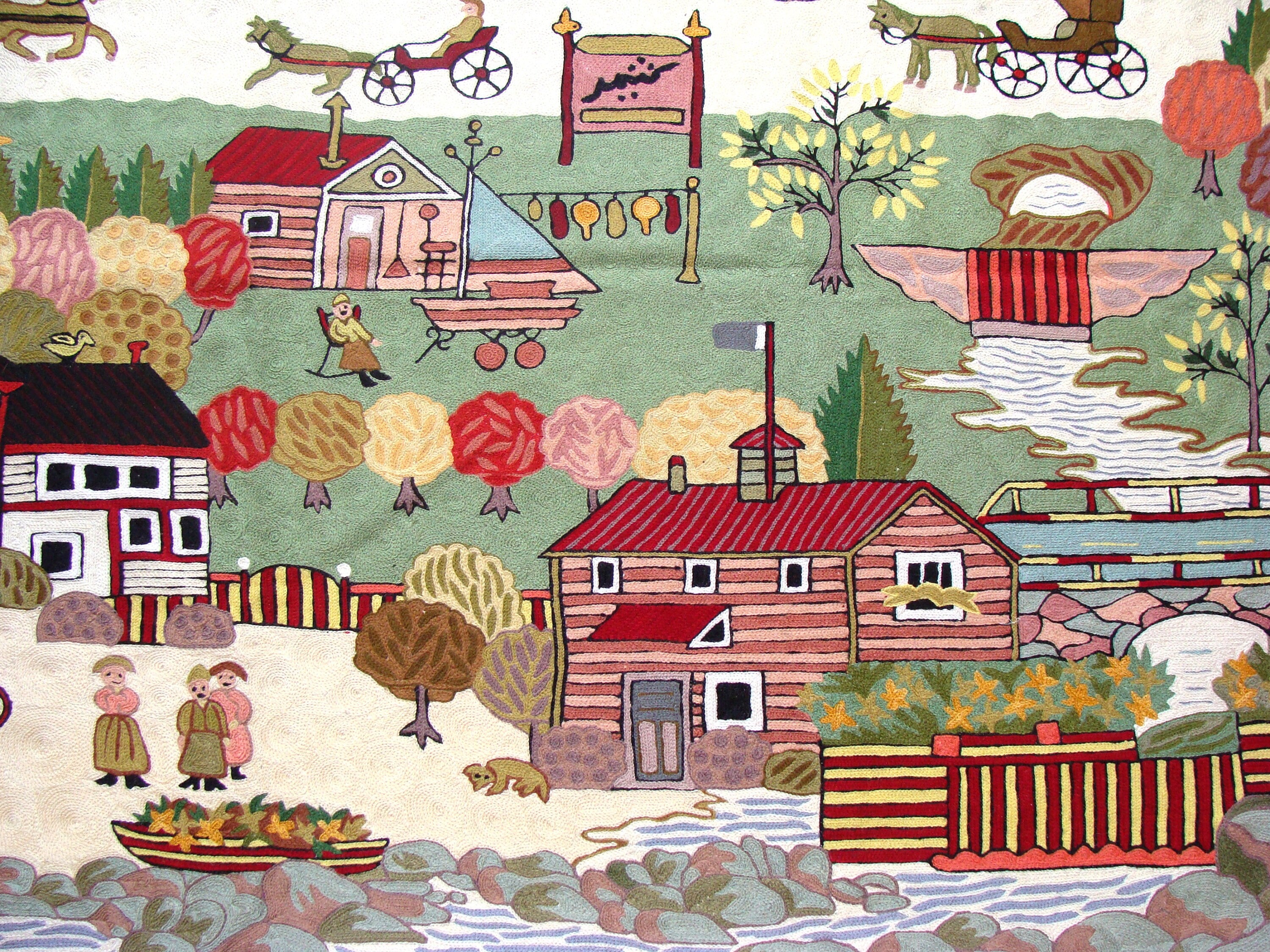 Chain Stitch Rug Carpet Hand Made Kashmir Crewel Wool Embroidered Wall Hanging Village Design Area Rug Multi-Color 4 x 6 Feet Canvas Lined