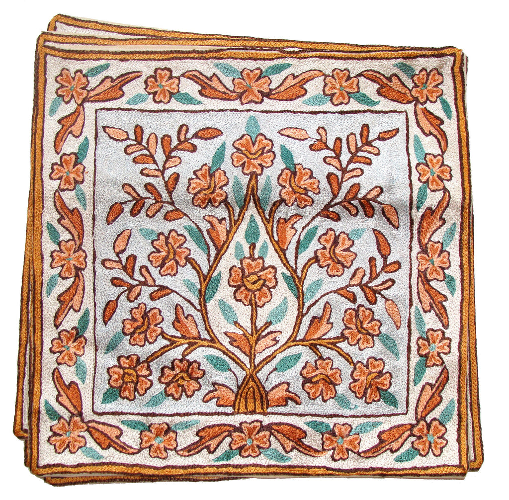 Chain Stitch Cushion Covers Handmade Kashmir Crewel Artsilk Hand Embroidered Crocheted Multi-Color Floral Design Set of 6 pieces