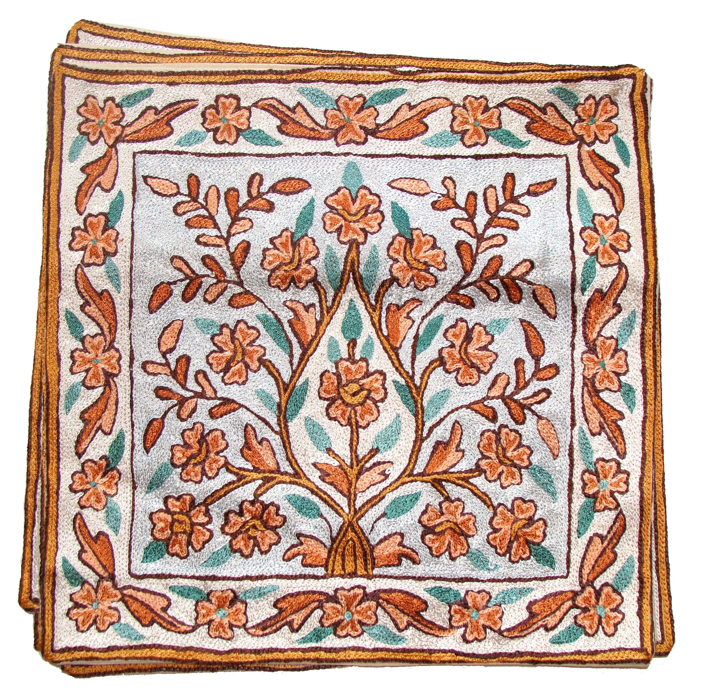 Chain Stitch Cushion Covers Handmade Kashmir Crewel Artsilk Hand Embroidered Crocheted Multi-Color Floral Design Set of 6 pieces