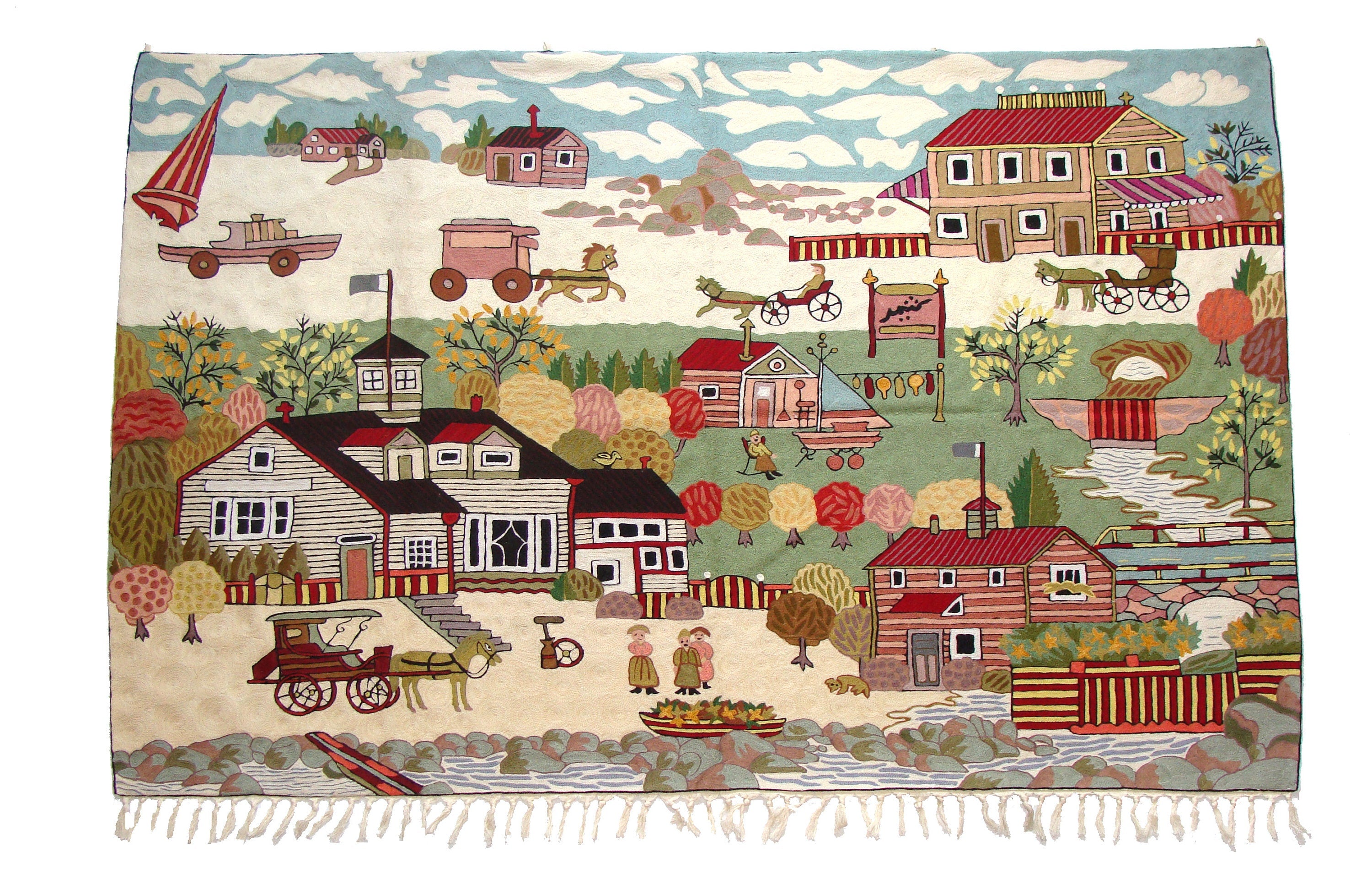 Chain Stitch Rug Carpet Hand Made Kashmir Crewel Wool Embroidered Wall Hanging Village Design Area Rug Multi-Color 4 x 6 Feet Canvas Lined