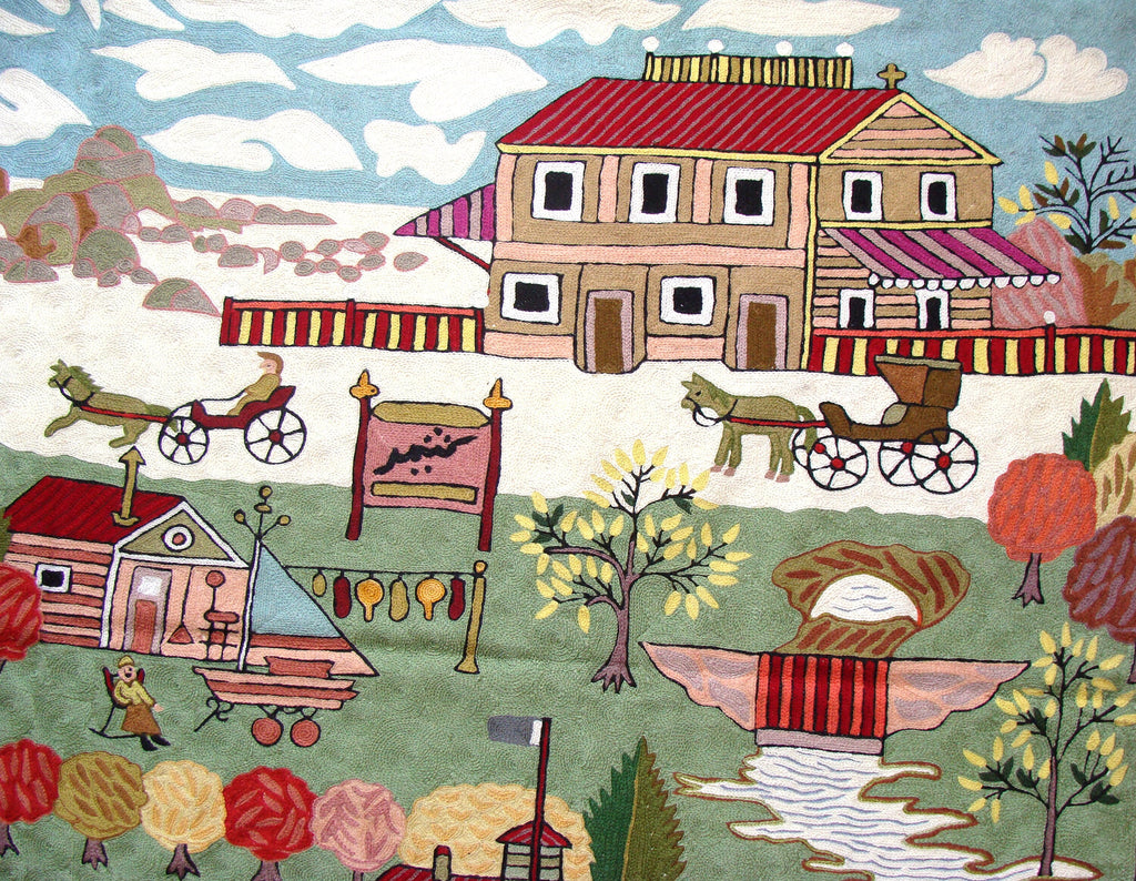 Chain Stitch Rug Carpet Hand Made Kashmir Crewel Wool Embroidered Wall Hanging Village Design Area Rug Multi-Color 4 x 6 Feet Canvas Lined