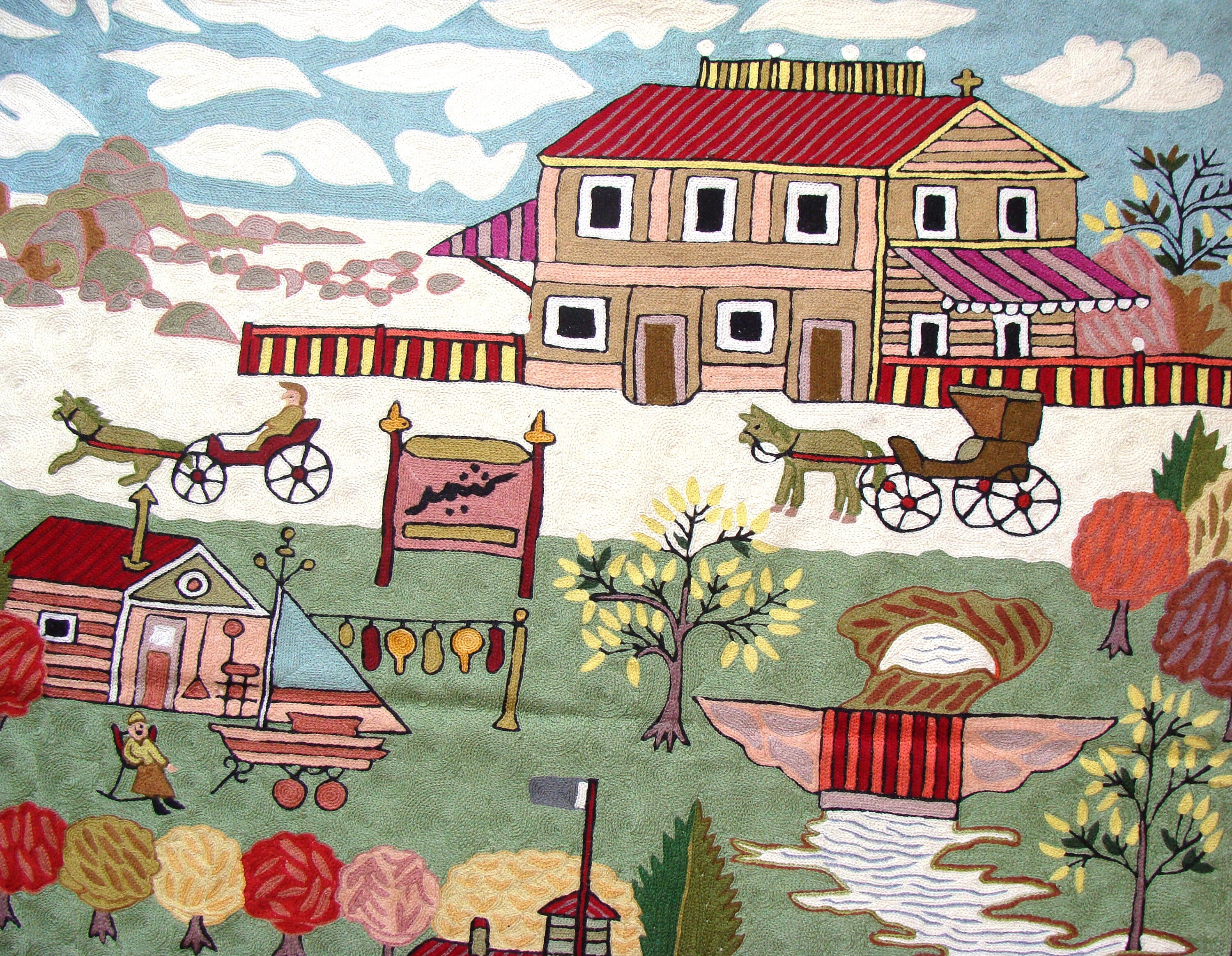 Chain Stitch Rug Carpet Hand Made Kashmir Crewel Wool Embroidered Wall Hanging Village Design Area Rug Multi-Color 4 x 6 Feet Canvas Lined