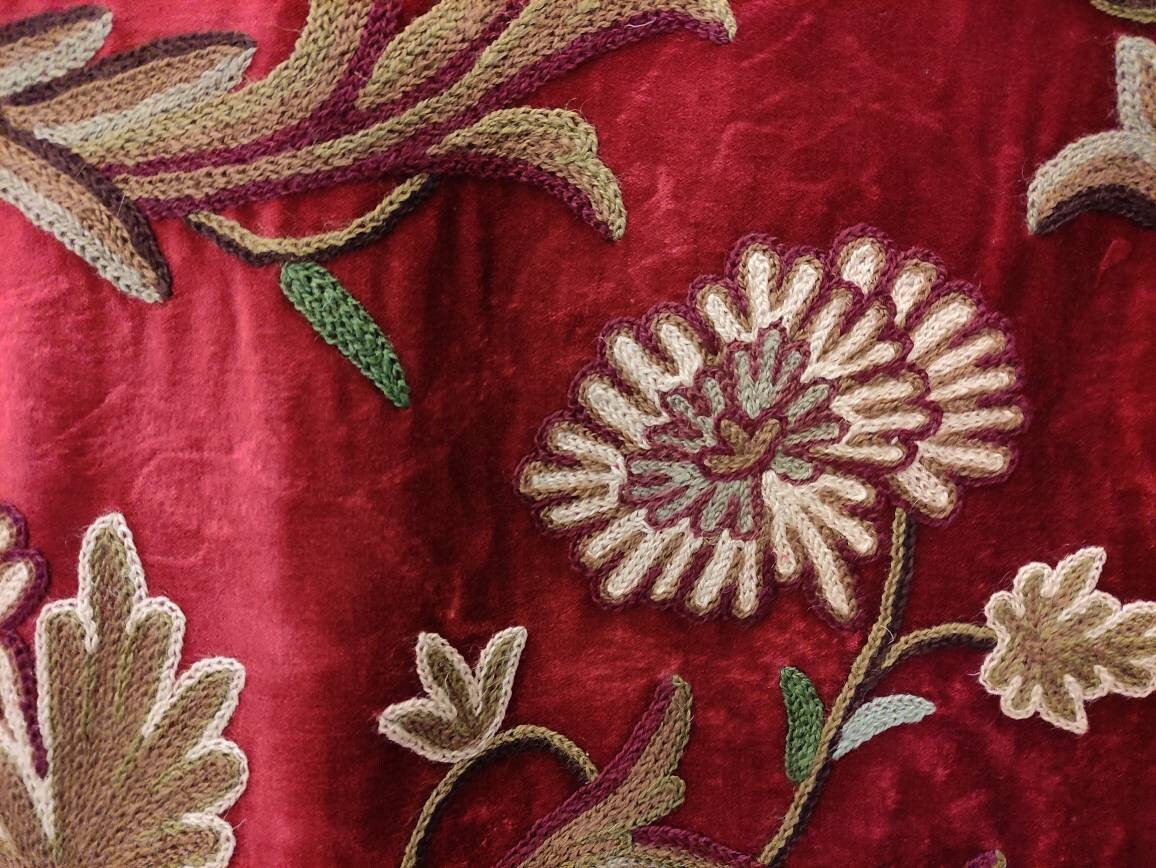 Crewel Fabric Hand Embroidered Kashmir Wool on Velvet Upholstery and Drapery Fabric Beige 60" x 1 Yard (By the Yard)