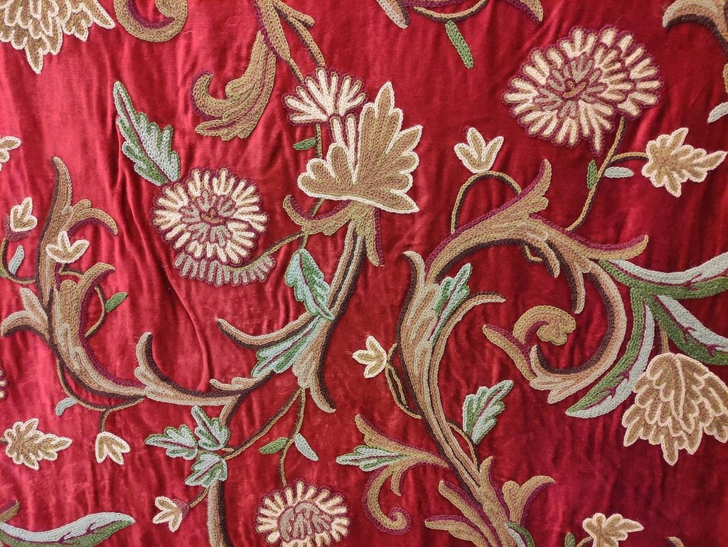 Crewel Fabric Hand Embroidered Kashmir Wool on Velvet Upholstery and Drapery Fabric Beige 60" x 1 Yard (By the Yard)