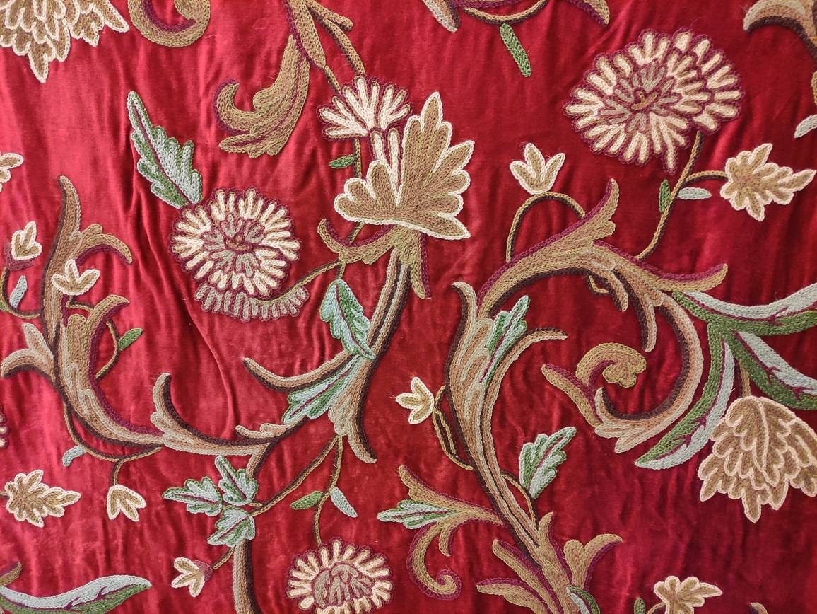 Crewel Fabric Hand Embroidered Kashmir Wool on Velvet Upholstery and Drapery Fabric Beige 60" x 1 Yard (By the Yard)
