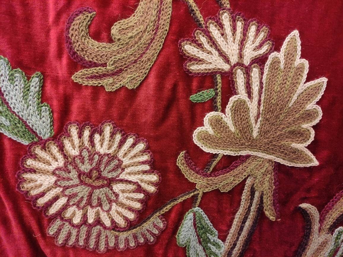 Crewel Fabric Hand Embroidered Kashmir Wool on Velvet Upholstery and Drapery Fabric Beige 60" x 1 Yard (By the Yard)