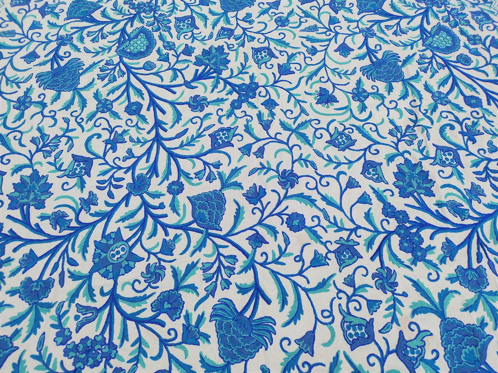 Cotton Crewel Bedspread Bedcover Hand Embroidered Kashmir Wool on Cotton Blue Queen Size 104" x 88" inches