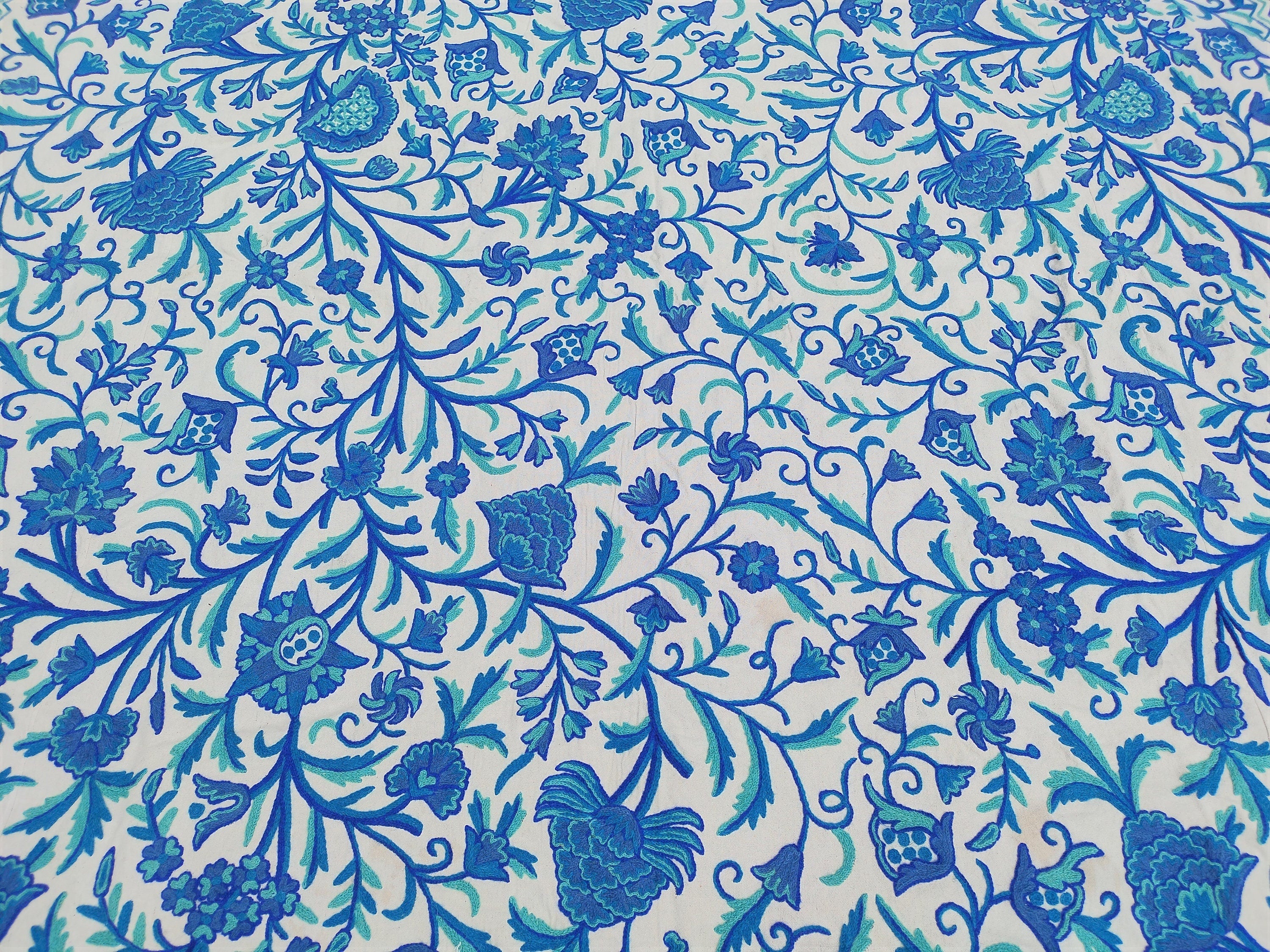 Cotton Crewel Bedspread Bedcover Hand Embroidered Kashmir Wool on Cotton Blue Queen Size 104" x 88" inches
