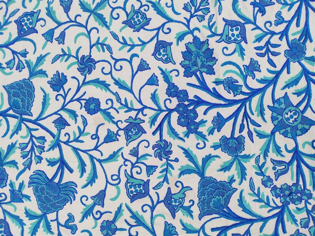 Cotton Crewel Bedspread Bedcover Hand Embroidered Kashmir Wool on Cotton Blue Queen Size 104" x 88" inches