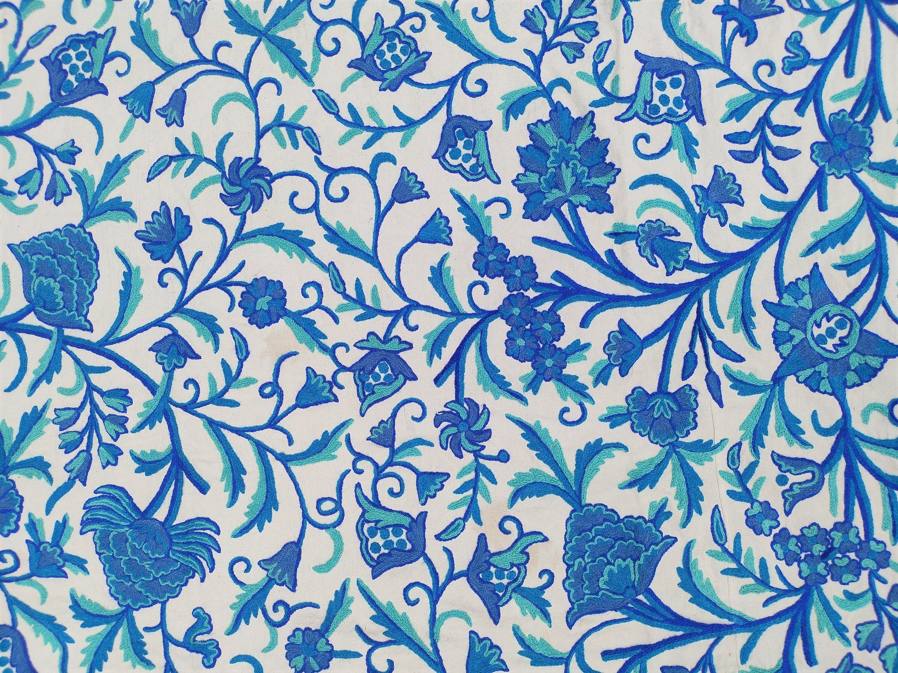 Cotton Crewel Bedspread Bedcover Hand Embroidered Kashmir Wool on Cotton Blue Queen Size 104" x 88" inches