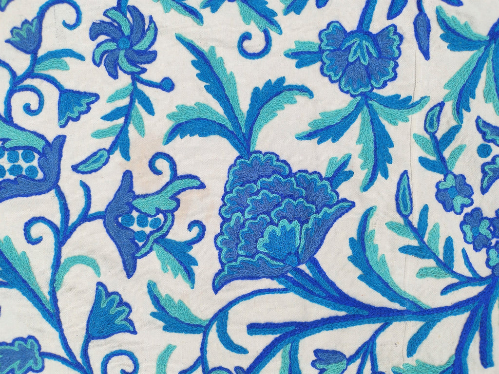 Cotton Crewel Bedspread Bedcover Hand Embroidered Kashmir Wool on Cotton Blue Queen Size 104" x 88" inches