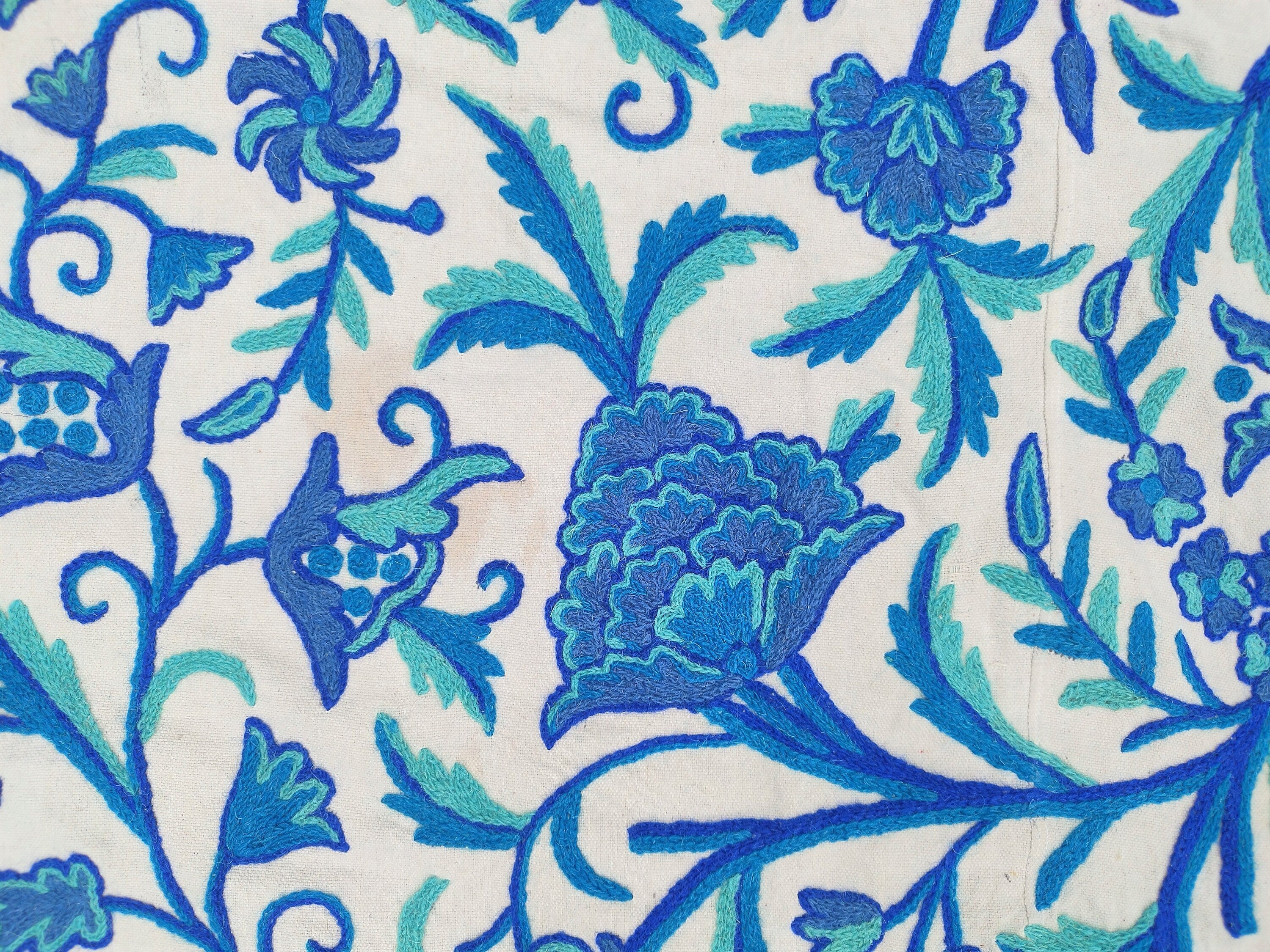 Cotton Crewel Bedspread Bedcover Hand Embroidered Kashmir Wool on Cotton Blue Queen Size 104" x 88" inches