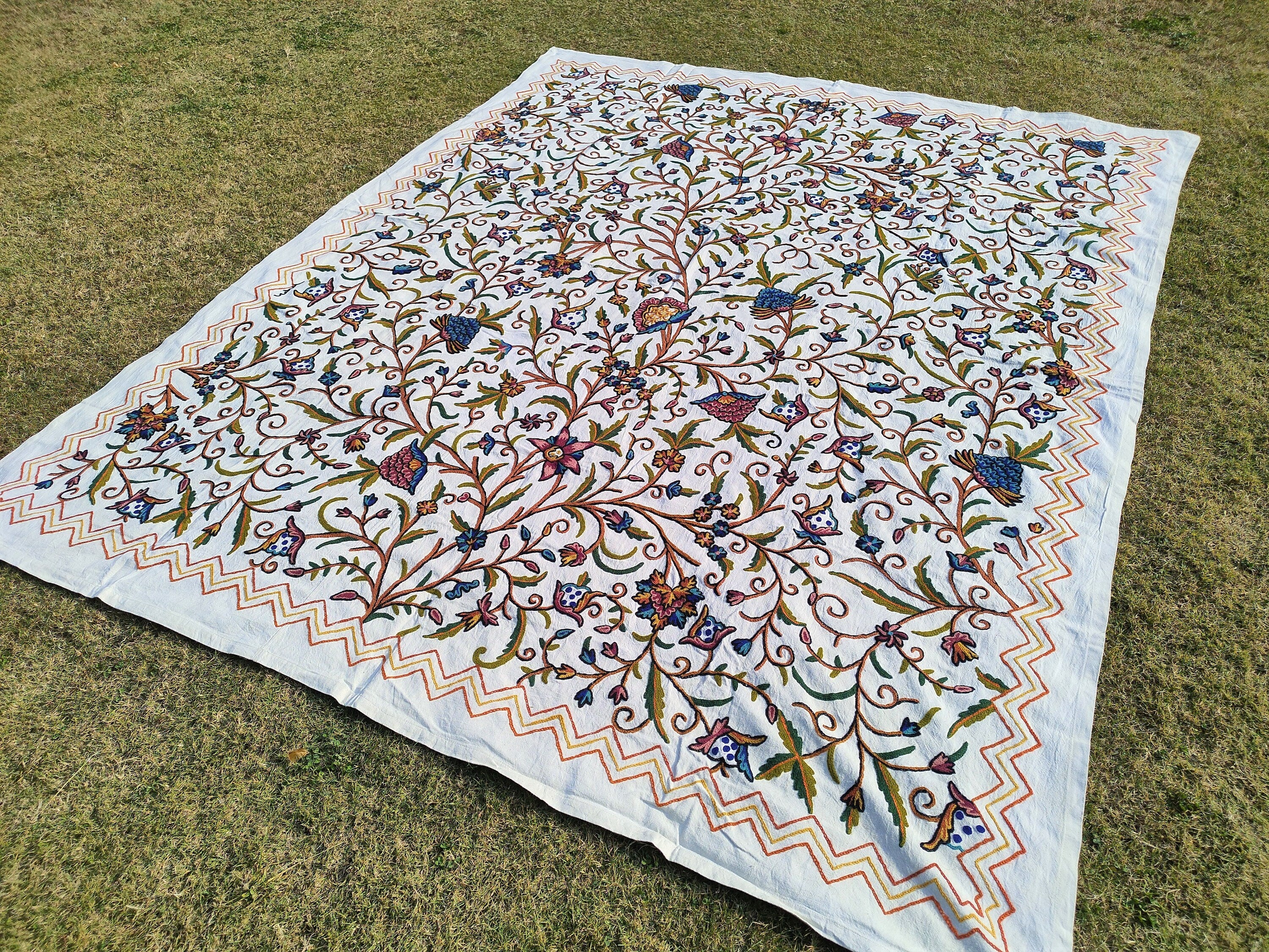 Cotton Crewel Bedspread Bedcover Hand Embroidered Kashmir Wool on Cotton Multicolor Queen Size 105" x 86" inches