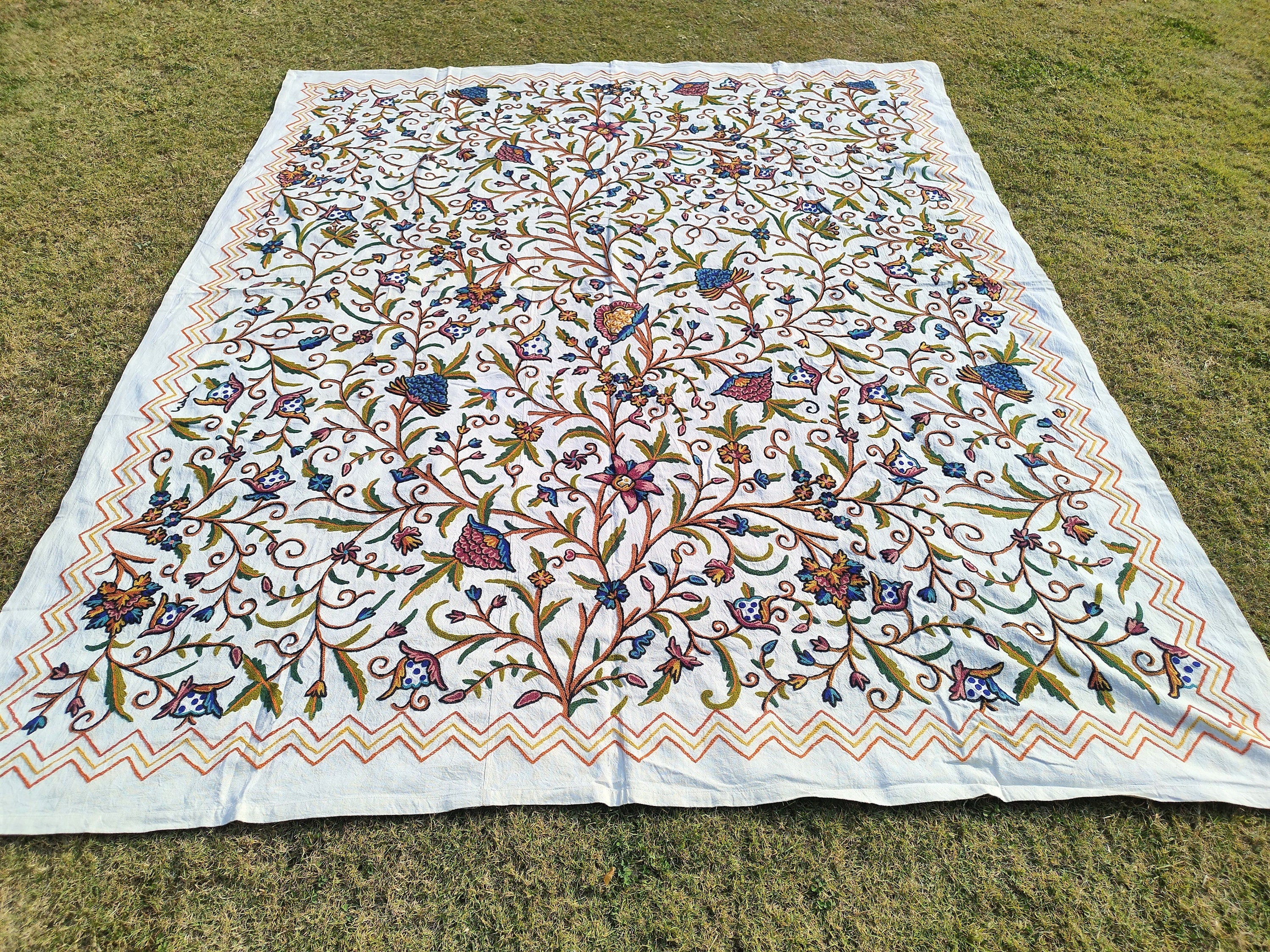 Cotton Crewel Bedspread Bedcover Hand Embroidered Kashmir Wool on Cotton Multicolor Queen Size 105" x 86" inches
