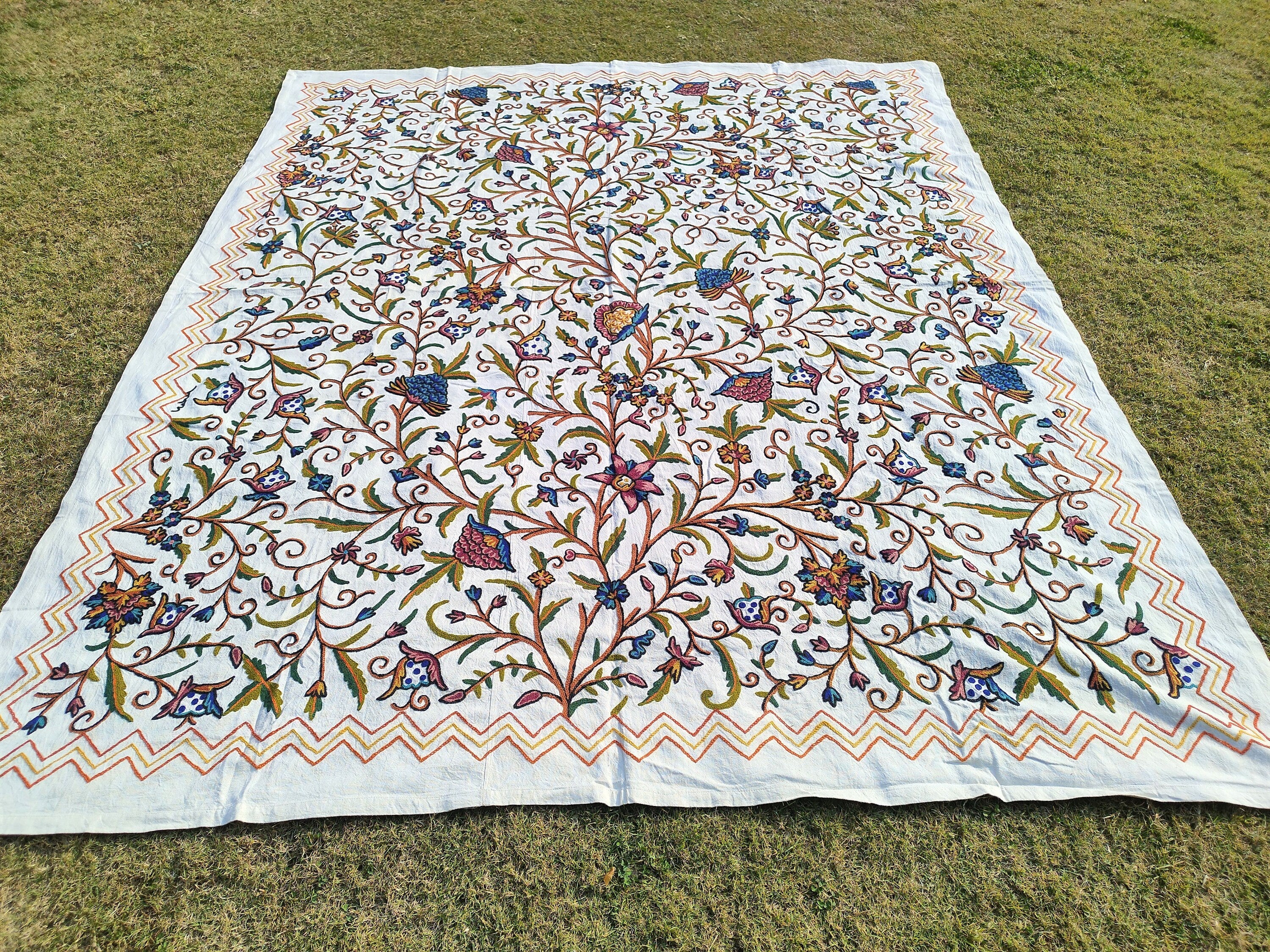 Cotton Crewel Bedspread Bedcover Hand Embroidered Kashmir Wool on Cotton Multicolor Queen Size 105" x 86" inches