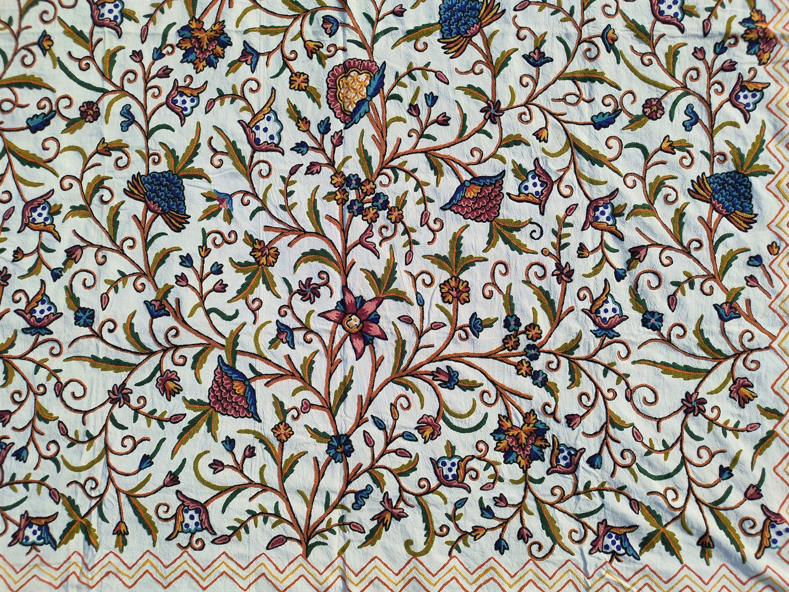 Cotton Crewel Bedspread Bedcover Hand Embroidered Kashmir Wool on Cotton Multicolor Queen Size 105" x 86" inches