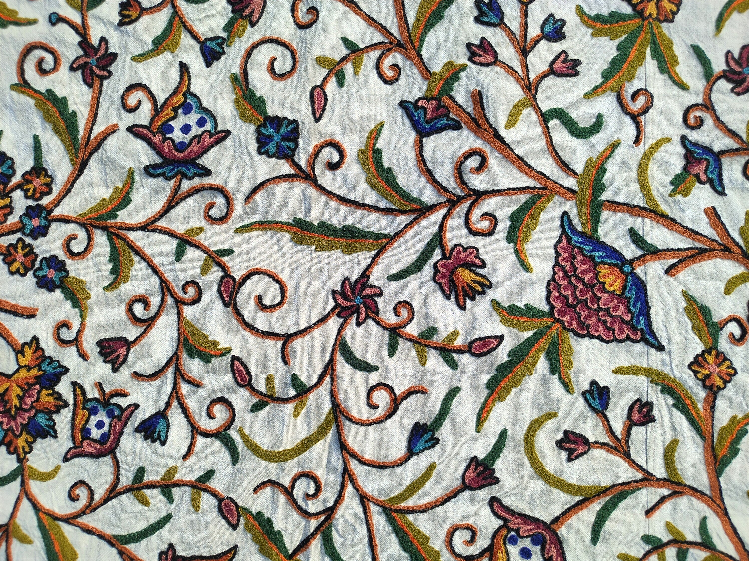 Cotton Crewel Bedspread Bedcover Hand Embroidered Kashmir Wool on Cotton Multicolor Queen Size 105" x 86" inches