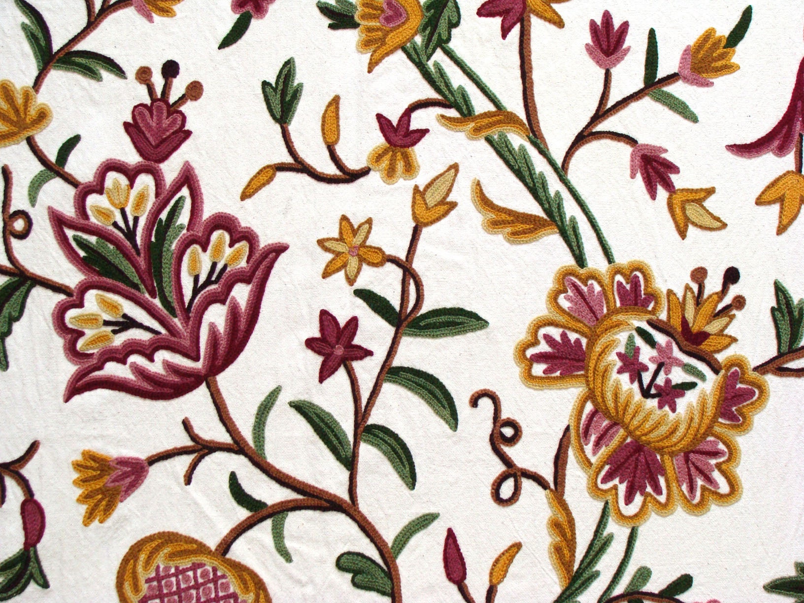 Cotton Crewel Bedspread Bedcover Hand Embroidered Kashmir 2 Ply Wool on Cotton Multicolor Queen Size 102" x 86" inches