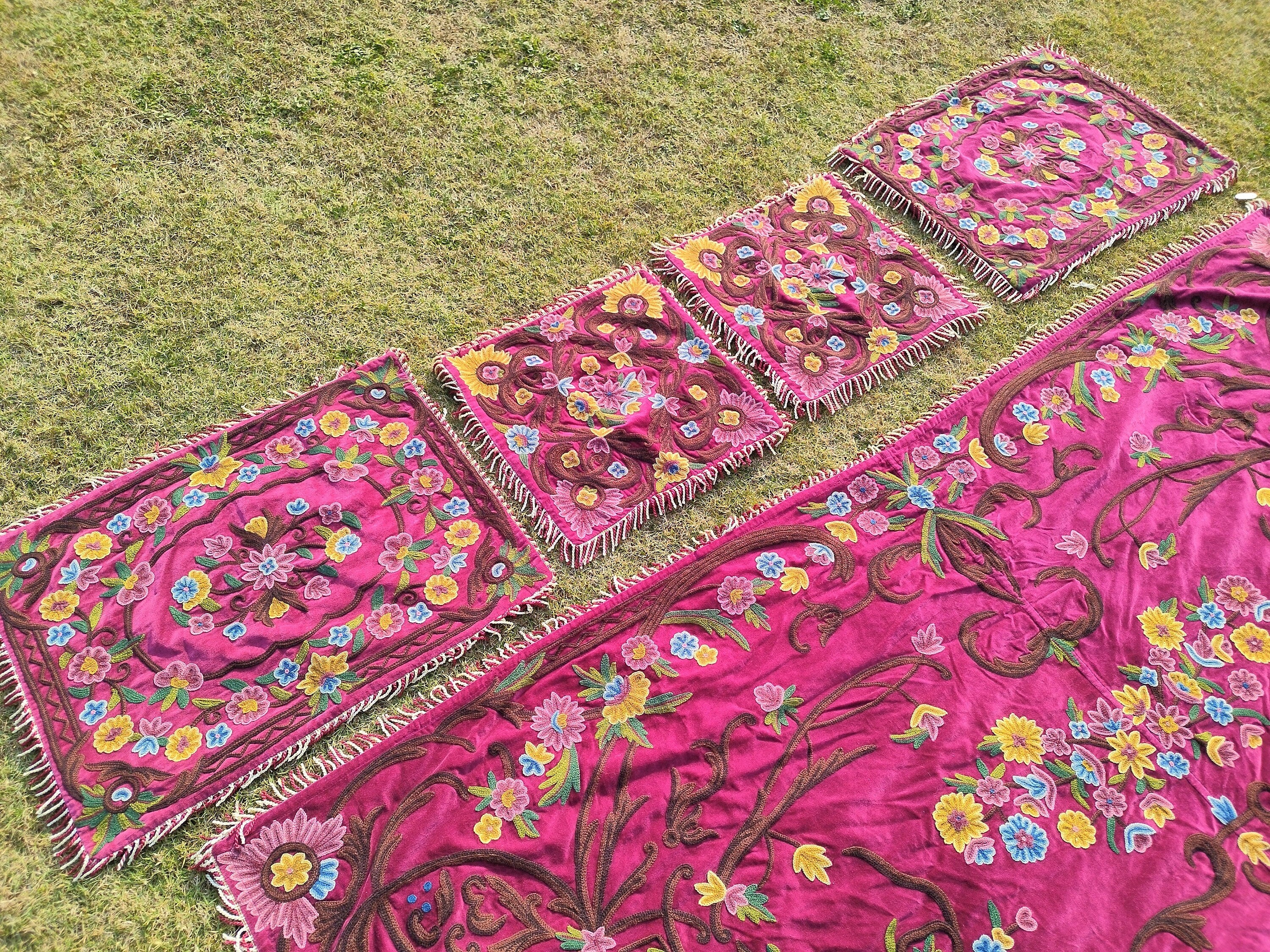 Kashmiri Wool on Velvet Crewel Embroidered Queen Size Bedspread 104" x 86" with Pillow and Cushion Covers