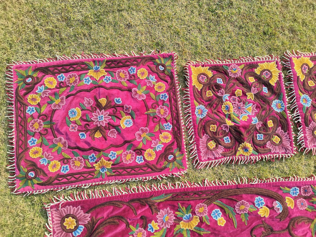 Kashmiri Wool on Velvet Crewel Embroidered Queen Size Bedspread 104" x 86" with Pillow and Cushion Covers