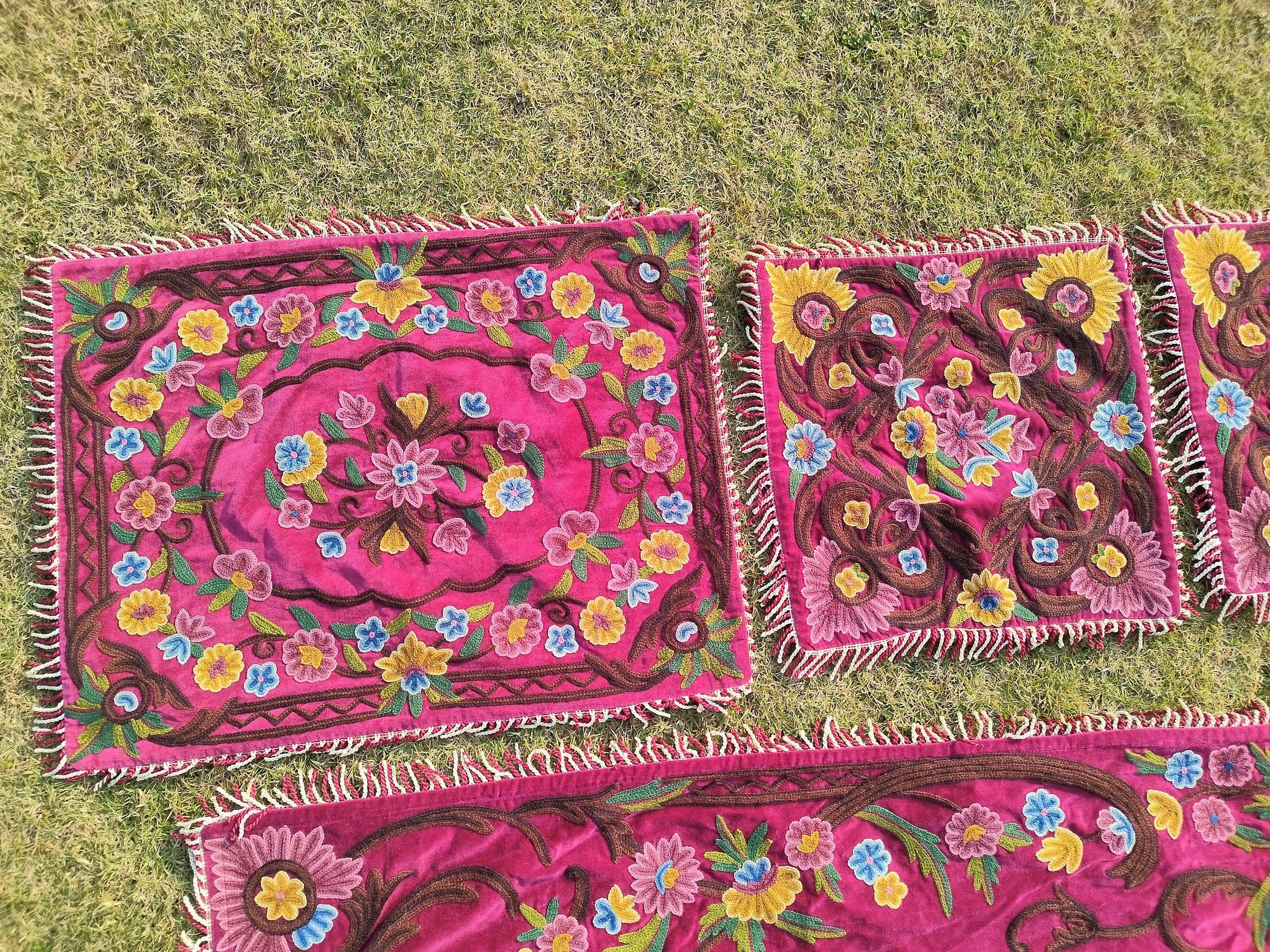 Kashmiri Wool on Velvet Crewel Embroidered Queen Size Bedspread 104" x 86" with Pillow and Cushion Covers