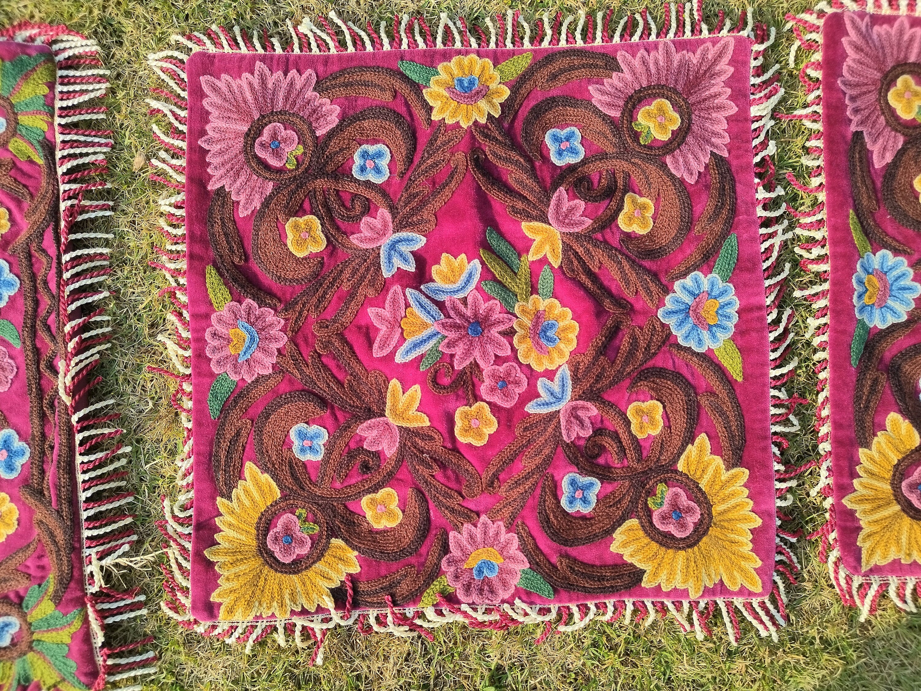Kashmiri Wool on Velvet Crewel Embroidered Queen Size Bedspread 104" x 86" with Pillow and Cushion Covers