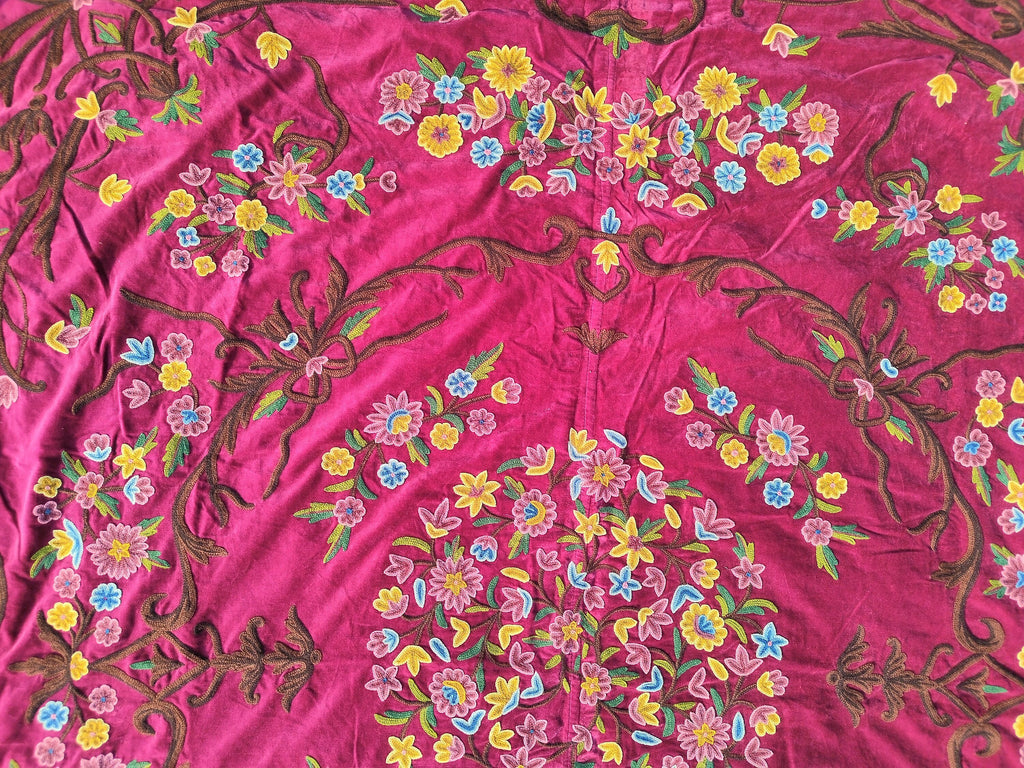 Kashmiri Wool on Velvet Crewel Embroidered Queen Size Bedspread 104" x 86" with Pillow and Cushion Covers