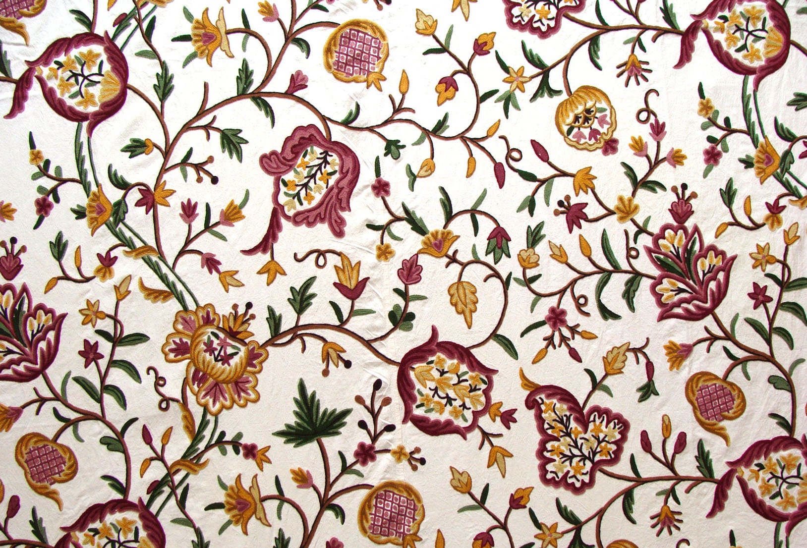 Cotton Crewel Bedspread Bedcover Hand Embroidered Kashmir 2 Ply Wool on Cotton Multicolor Queen Size 102" x 86" inches