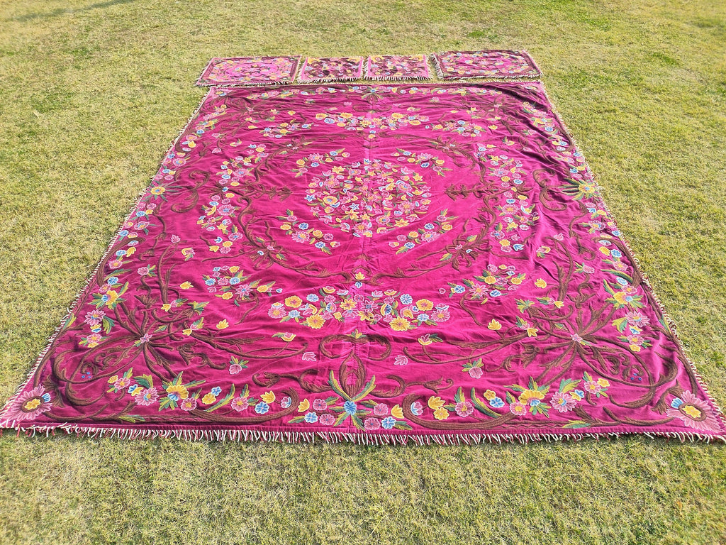 Kashmiri Wool on Velvet Crewel Embroidered Queen Size Bedspread 104" x 86" with Pillow and Cushion Covers