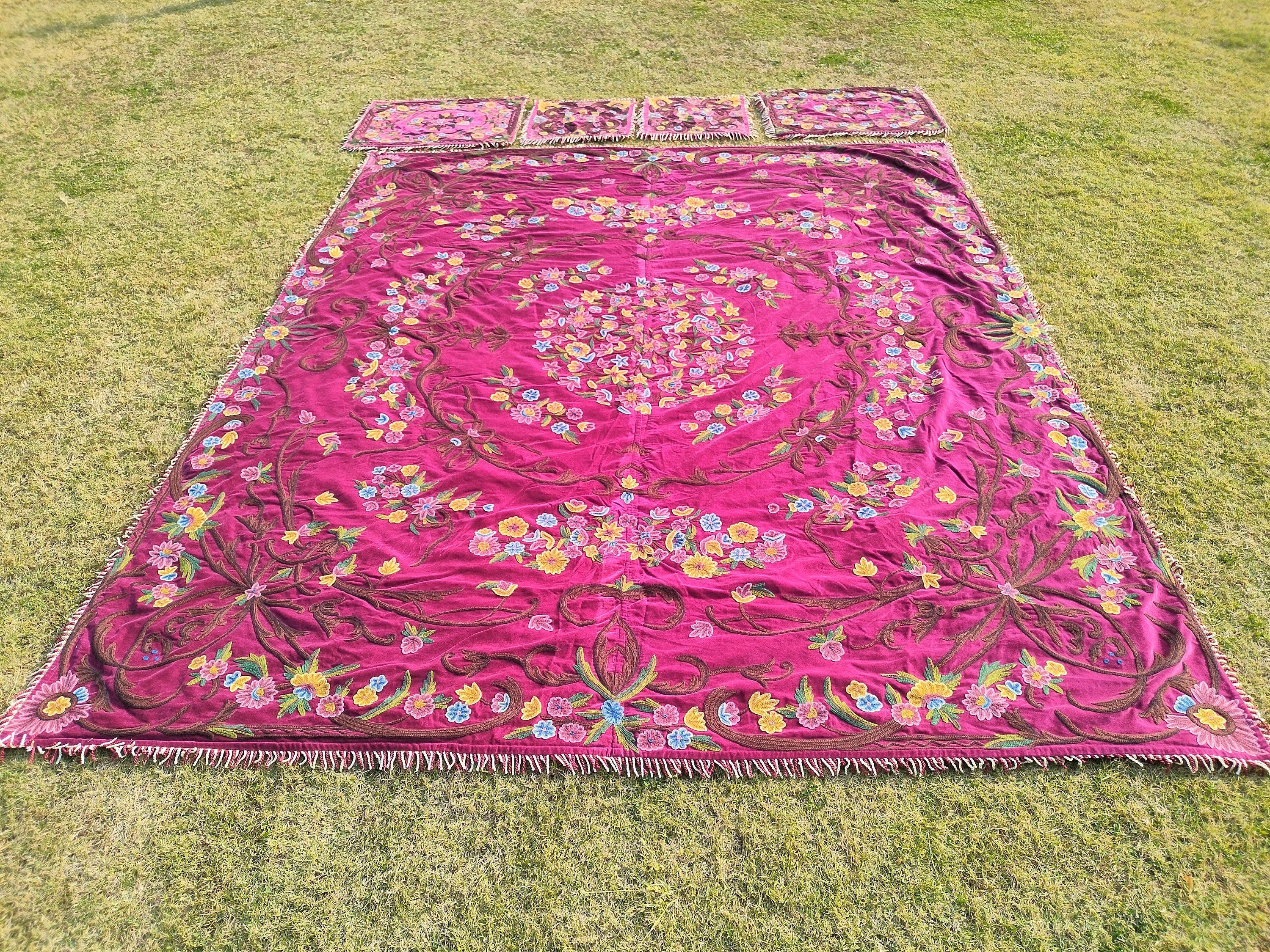 Kashmiri Wool on Velvet Crewel Embroidered Queen Size Bedspread 104" x 86" with Pillow and Cushion Covers